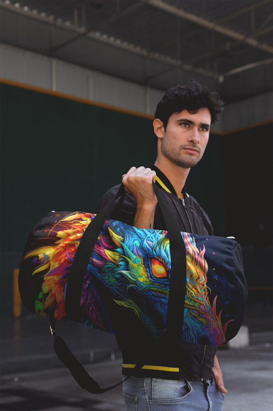 Neon dragon duffel bag held by a person, featuring black straps and bold blue dragon print.