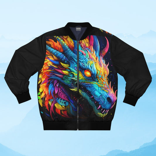Neon Dragon Bomber Jacket - Psychedelic Multicolor Dragon on Black, Fantasy Festival Streetwear for Men and Women XS to 5XL