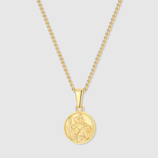 Gold Saint Christopher coin pendant necklace with cable chain and round medallion