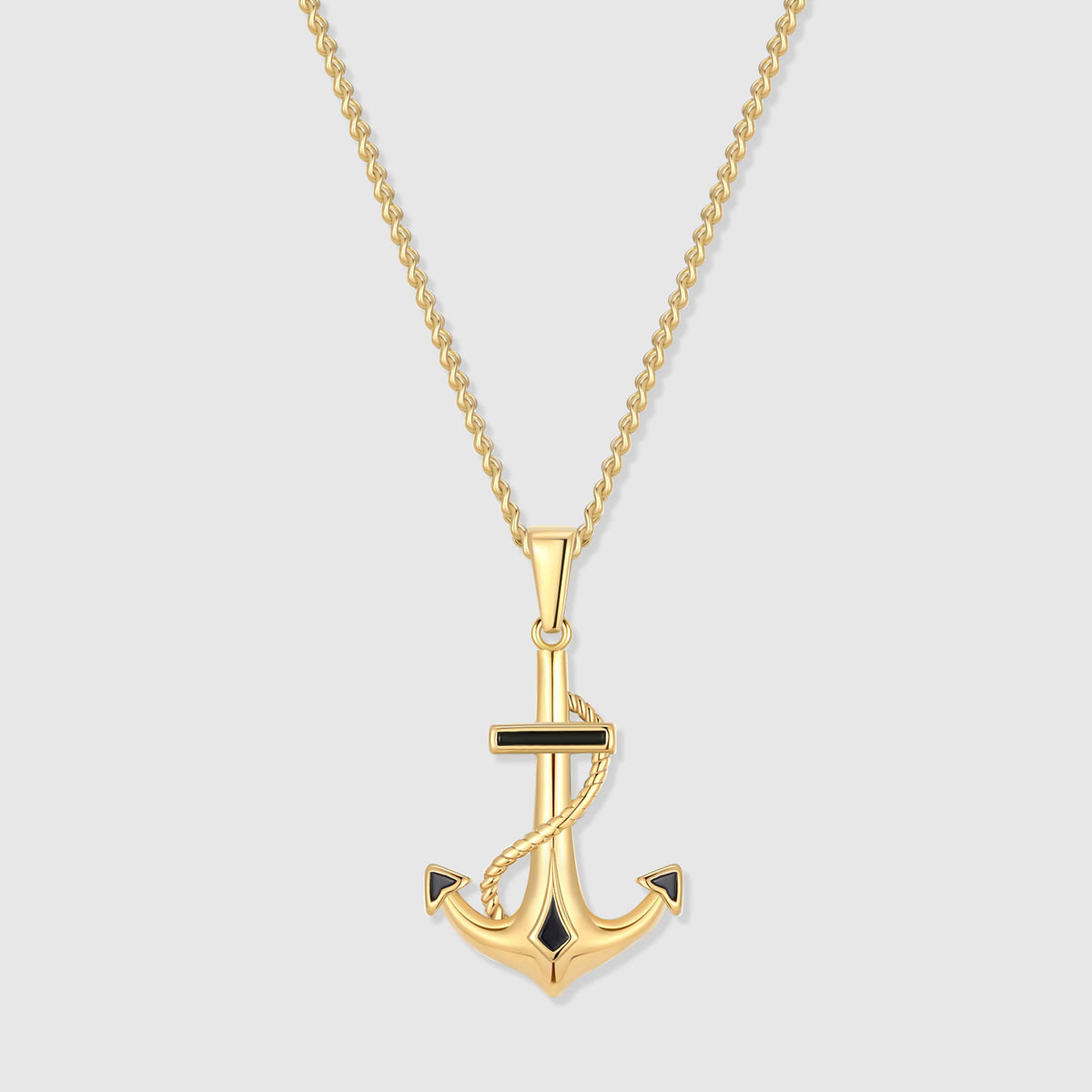 Gold anchor pendant necklace with link chain and round clasp at top
