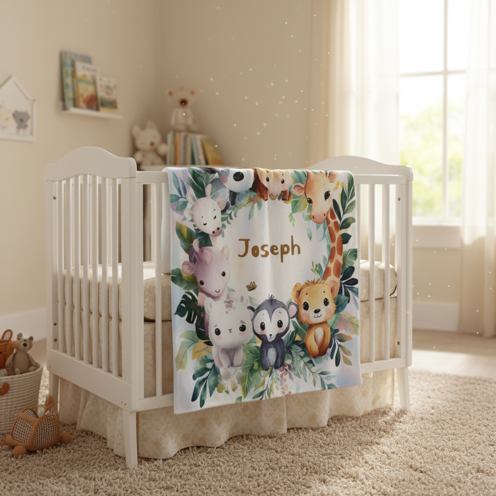Safari animals baby blanket with name Joseph, draped on crib rail with jungle animal print