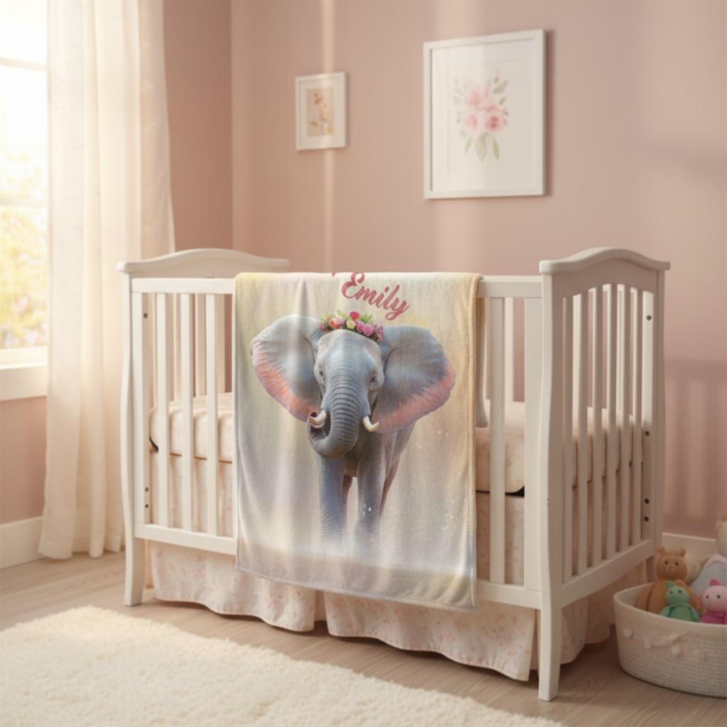 Personalized elephant blanket on crib with 'Emily' name and centered elephant image