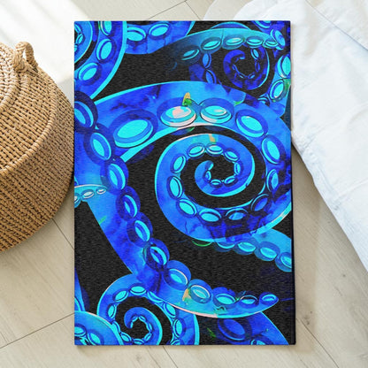 Bioluminescent Octopus Tentacle Area Rug – Electric Blue & Black Deep Sea Art | Non-Slip Backing | 6 Sizes | Fantasy Ocean Home Decor