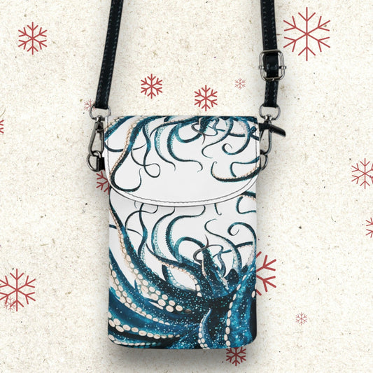 Octopus Tentacle Crossbody Phone Bag – Dark Teal & White Ink Art | Microfiber Leather | Card Slots & Cash Pocket | Compact Shoulder Wallet Bag | Ocean Gift for Her