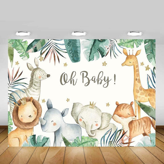 Jungle baby shower backdrop with safari animals and “Oh Baby!” in green and gold