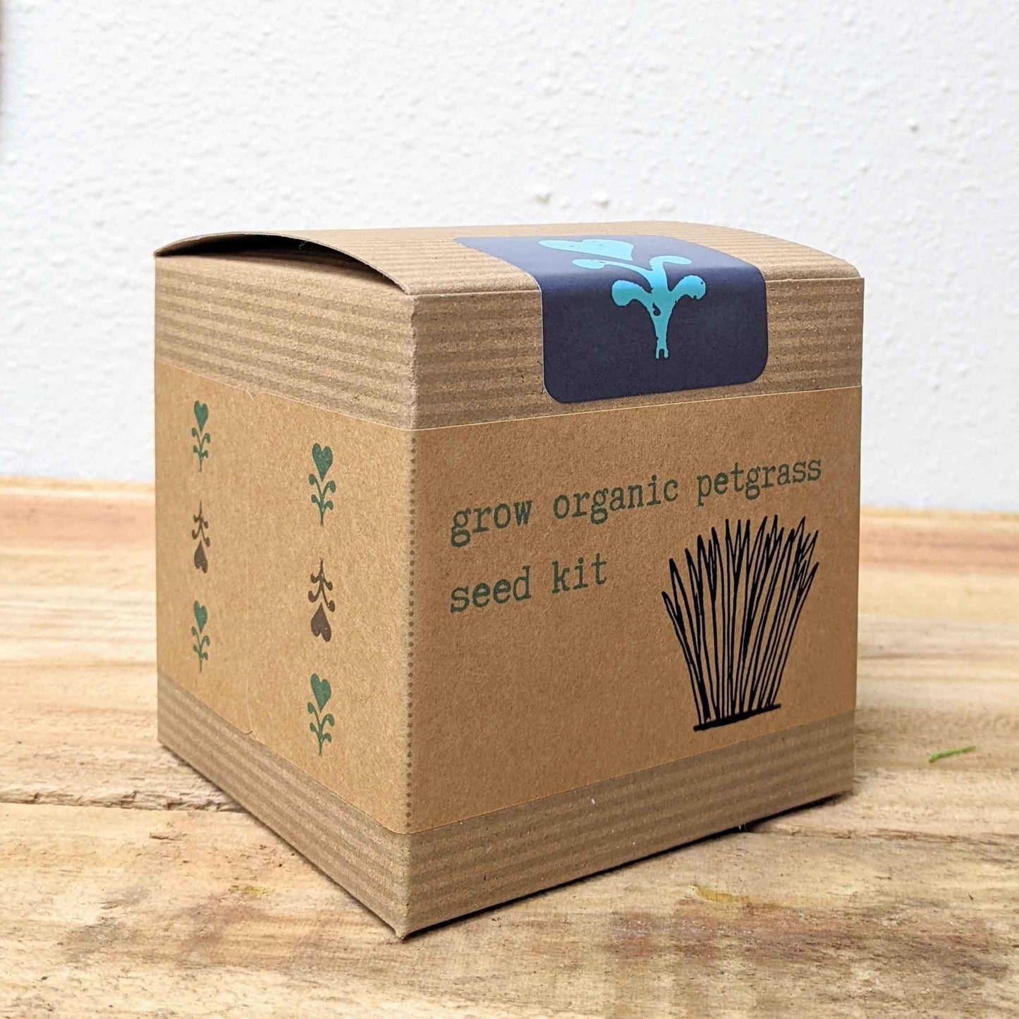 Petgrass grow kit cardboard box with plant sprout icons and printed seed graphic
