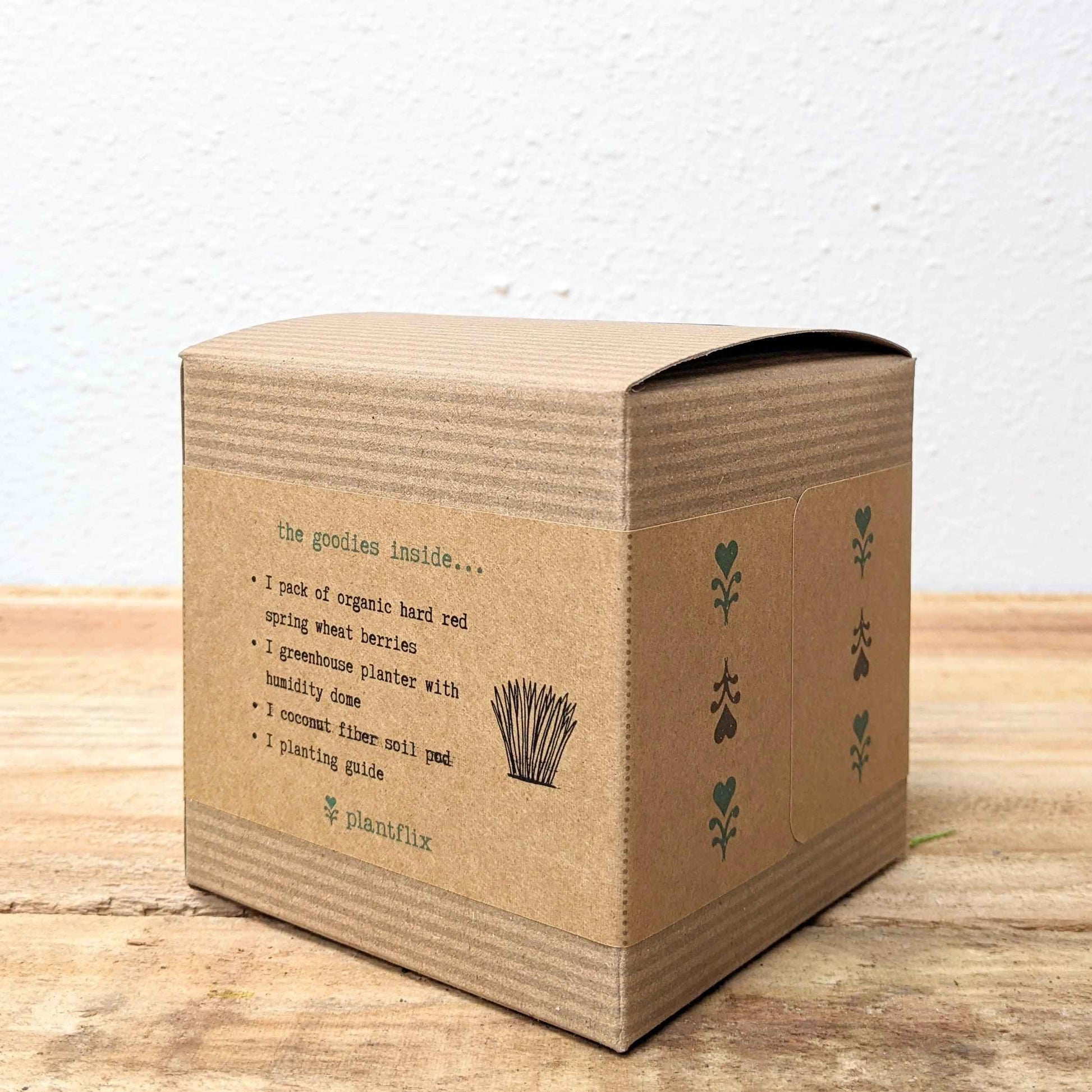 Petgrass grow kit box side with ingredient list text and small plant icons
