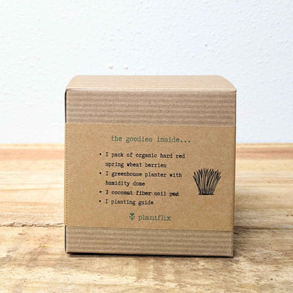 Petgrass grow kit box front with ingredient list text and small plant icon logo