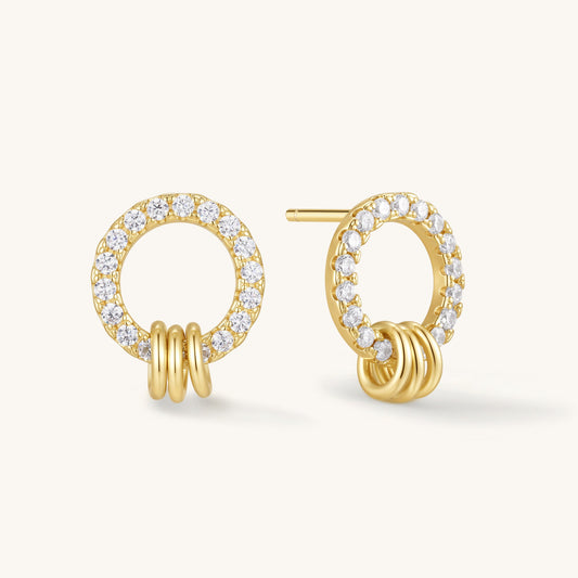 Gold pave circle stud earrings with dangling loop detail