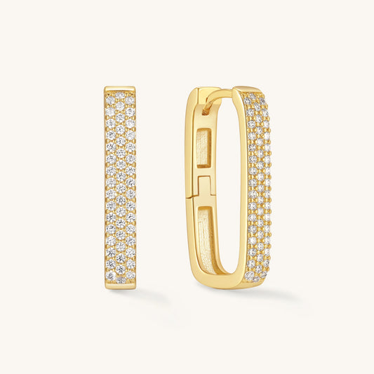 Gold pavé diamond U hoop earrings, front and side view
