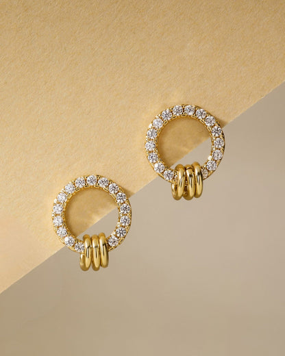 Gold pave circle stud earrings with clear stones and three hoop accents