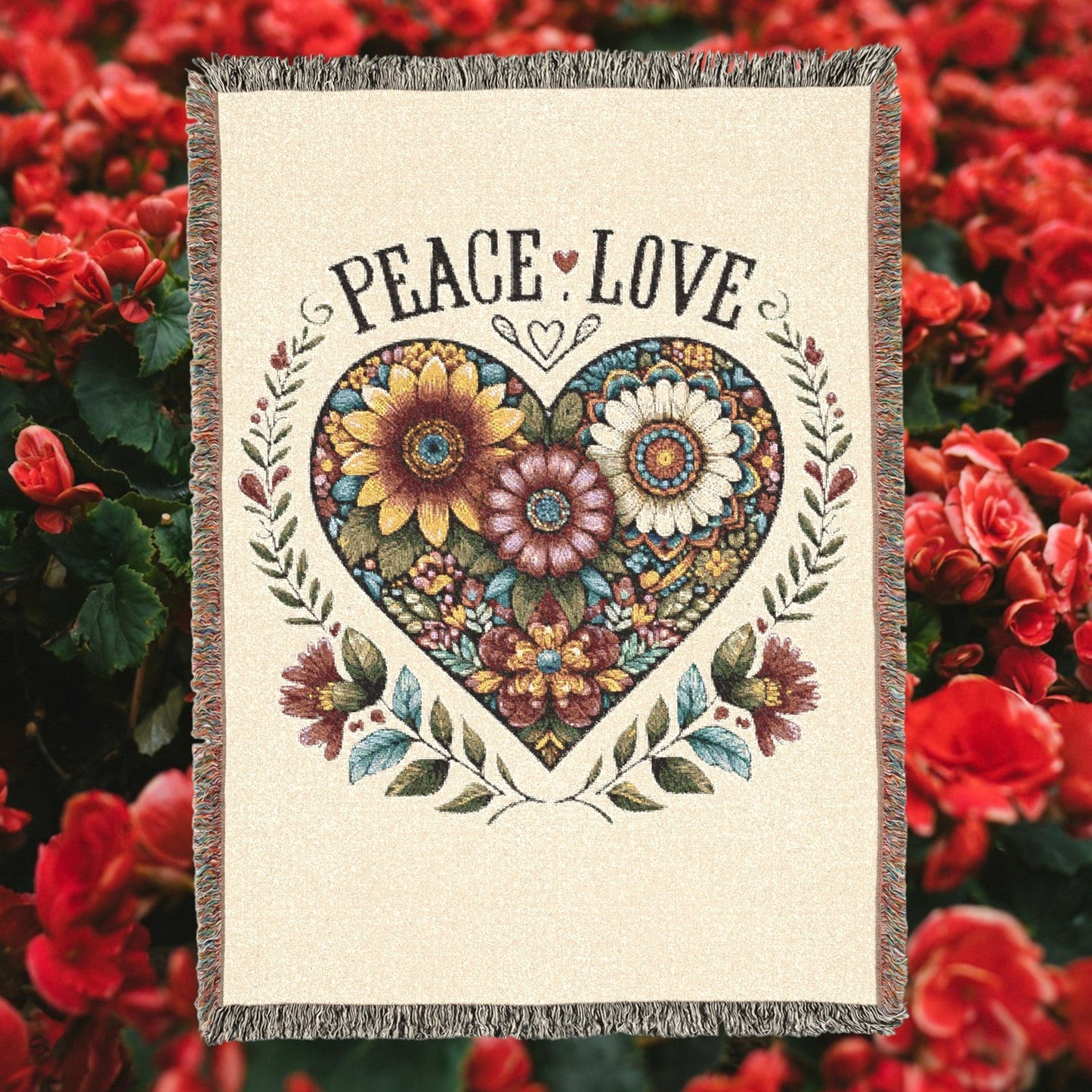 Peace Love Floral Heart Woven Tapestry Throw – Boho Botanical Sunflower & Wildflower Cotton Blanket | Fringe Edges | 3 Sizes | Cottagecore Home Decor Gift