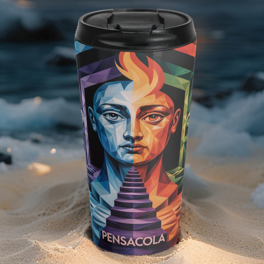 Stainless steel travel mug with black lid, colorful PENSACOLA portrait graphic
