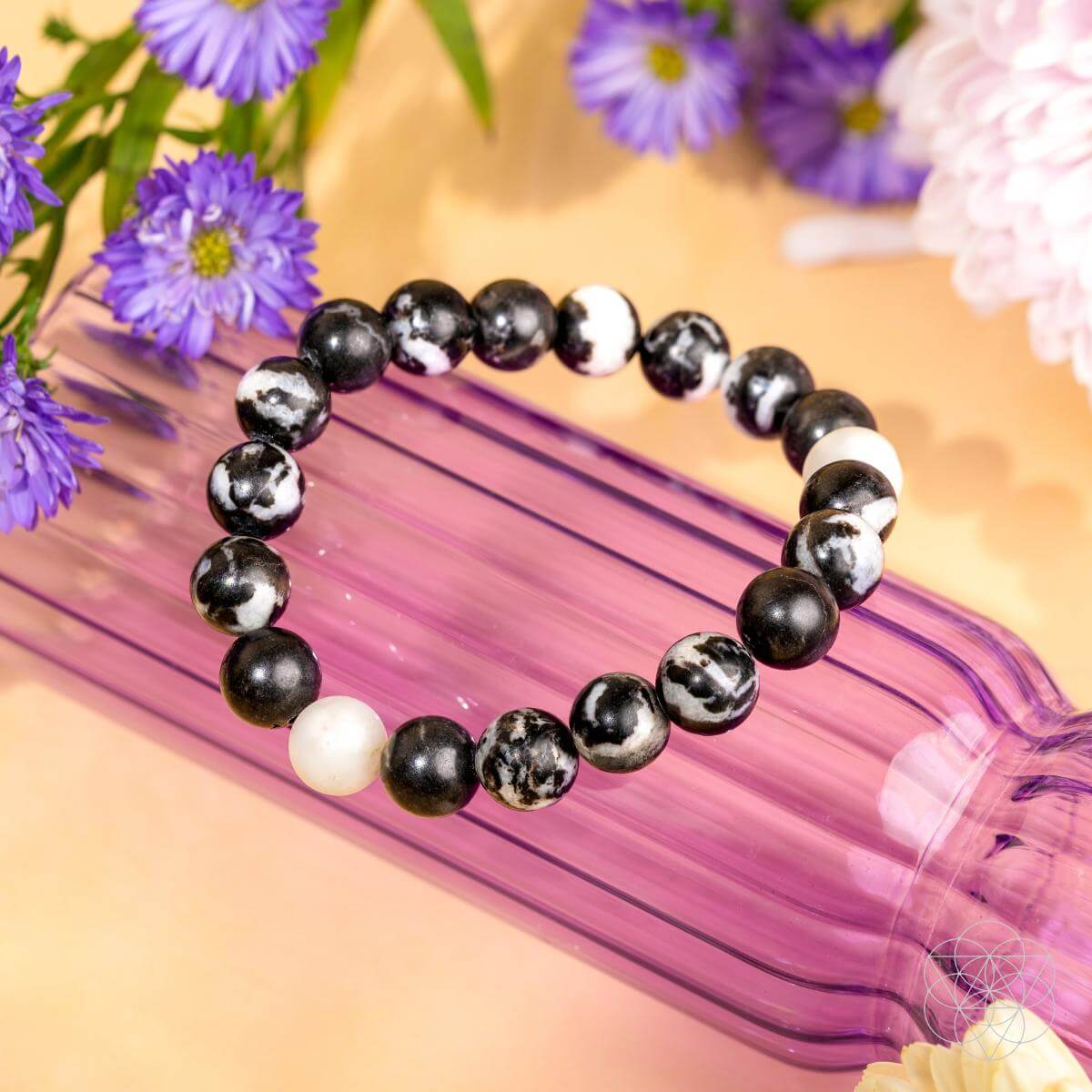 Zebra jasper bead bracelet with black, white, and marbled beads