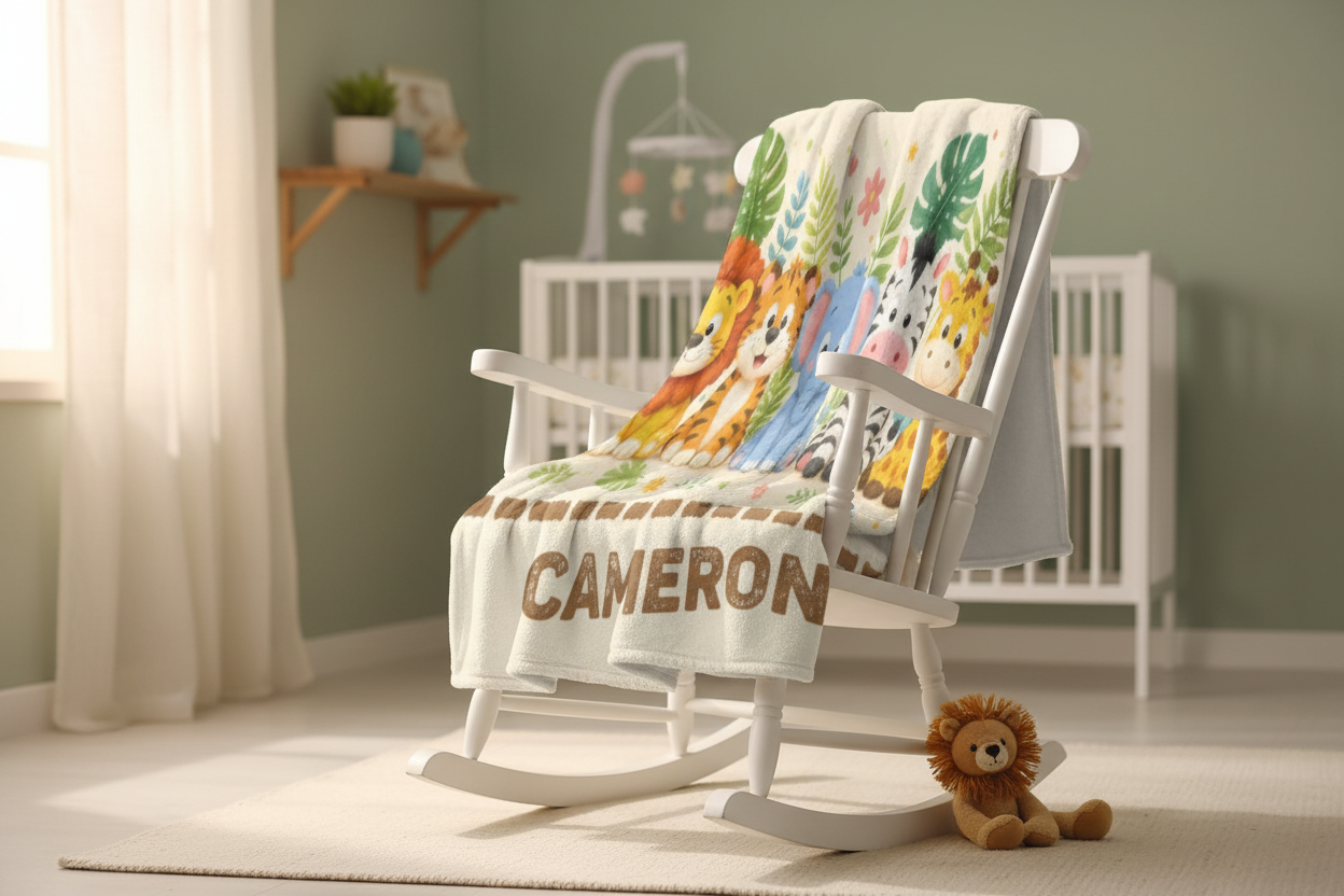 Safari animal name blanket draped on chair back with CAMERON lettering