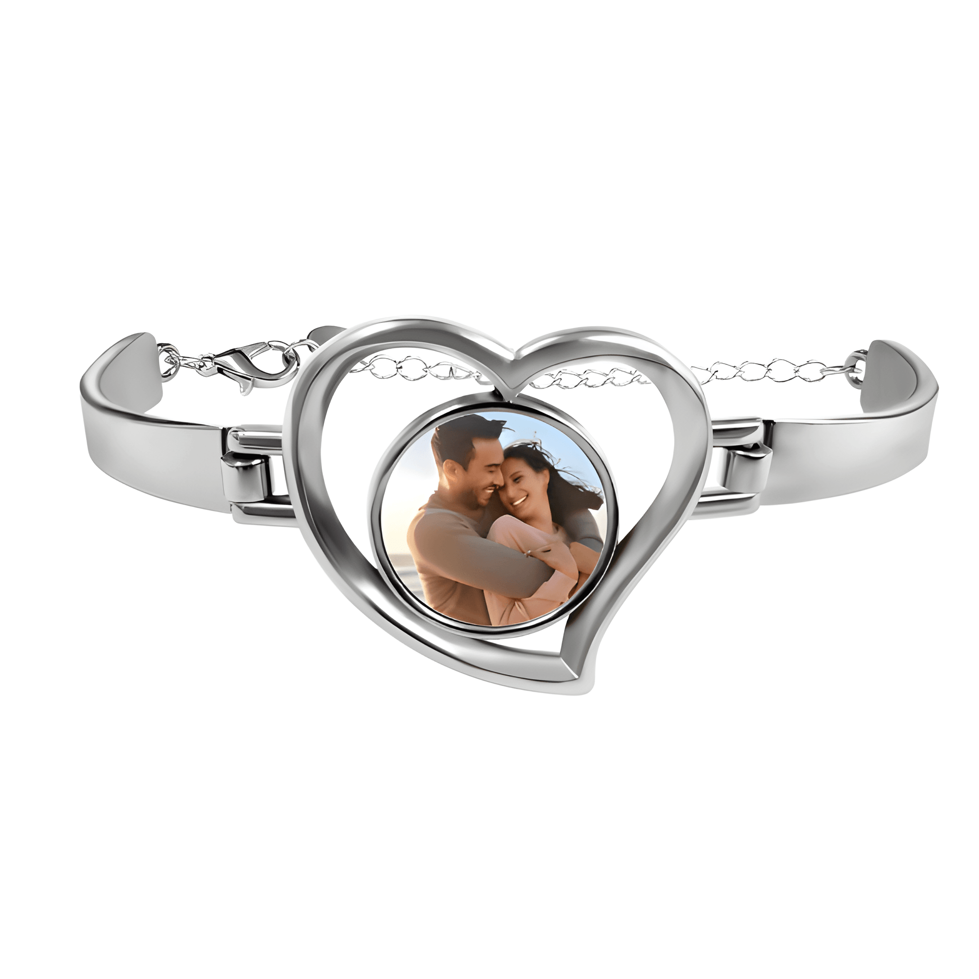 Heart-shaped photo bracelet with silver-tone frame and clasp, featuring a couple photo