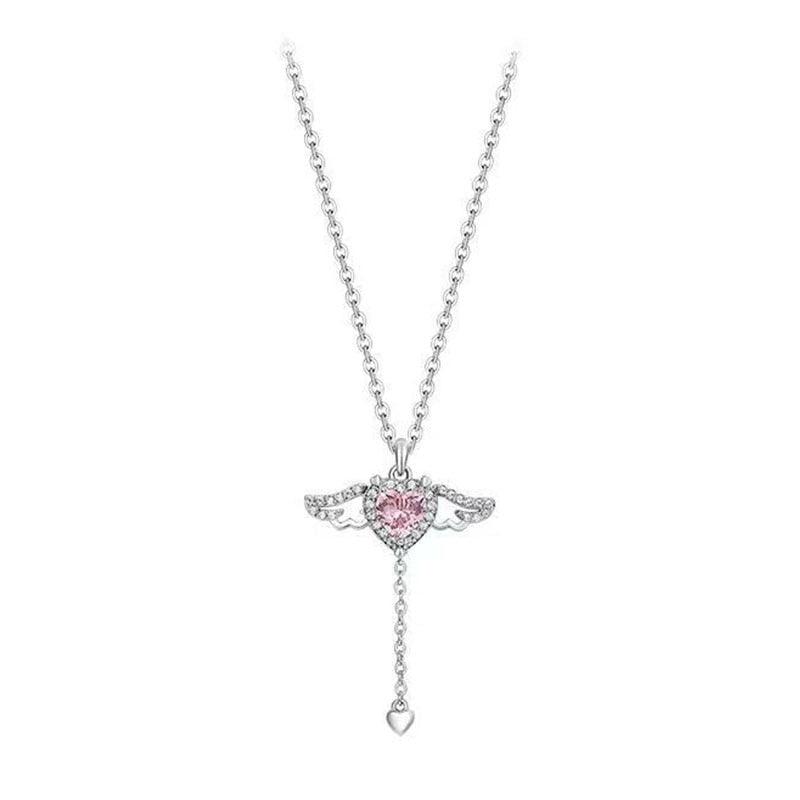 Pink crystal heart angel wings pendant necklace, silver-tone chain with heart drop