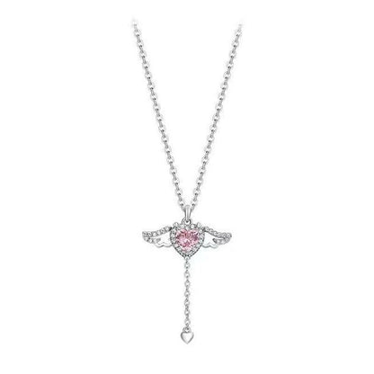 Pink crystal heart angel wings pendant necklace, silver-tone chain with heart drop
