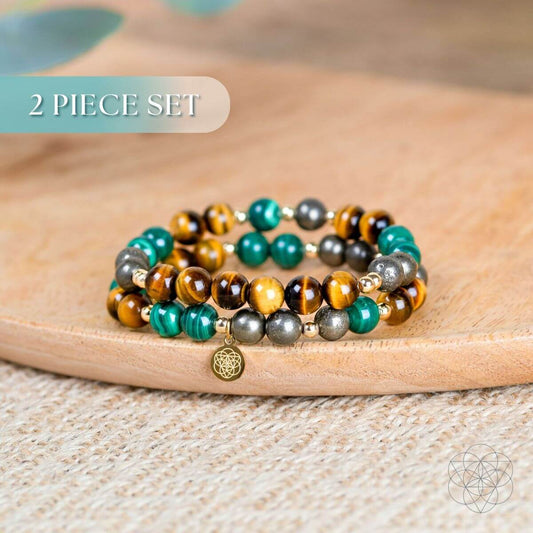 Two beaded bracelets with tiger’s eye, malachite, and pyrite stone beads