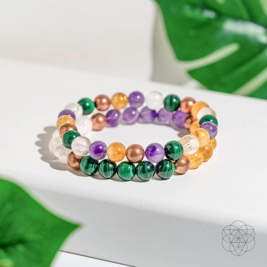 Crystal bead bracelet with purple, green, orange, and clear round stones
