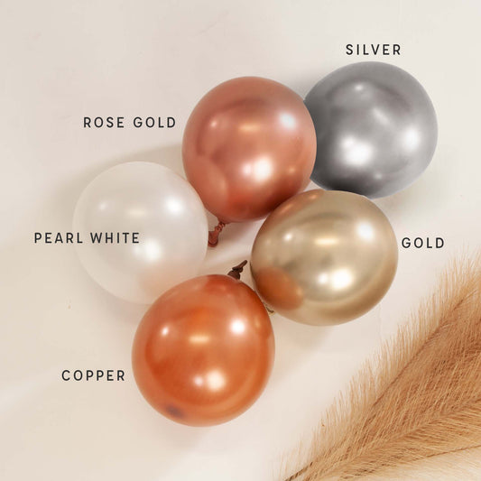 Metallic balloon cluster with rose gold, gold, silver, and pearl white balloons
