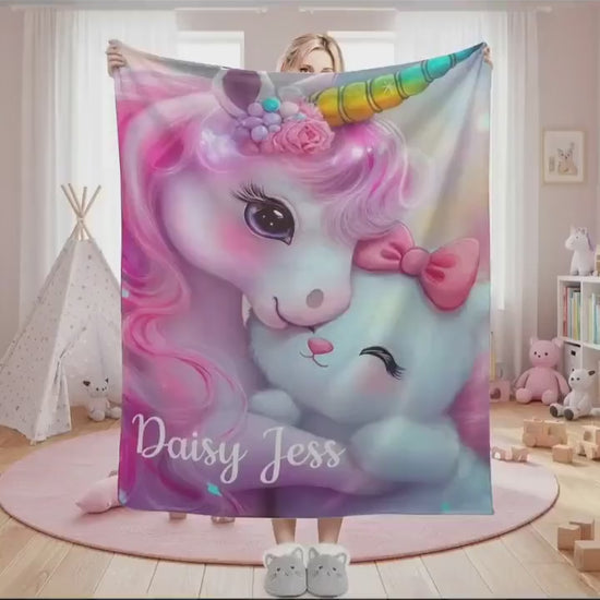 Personalized Unicorn & Kitty Plush Blanket, Custom Name Soft Flannel Fleece Throw