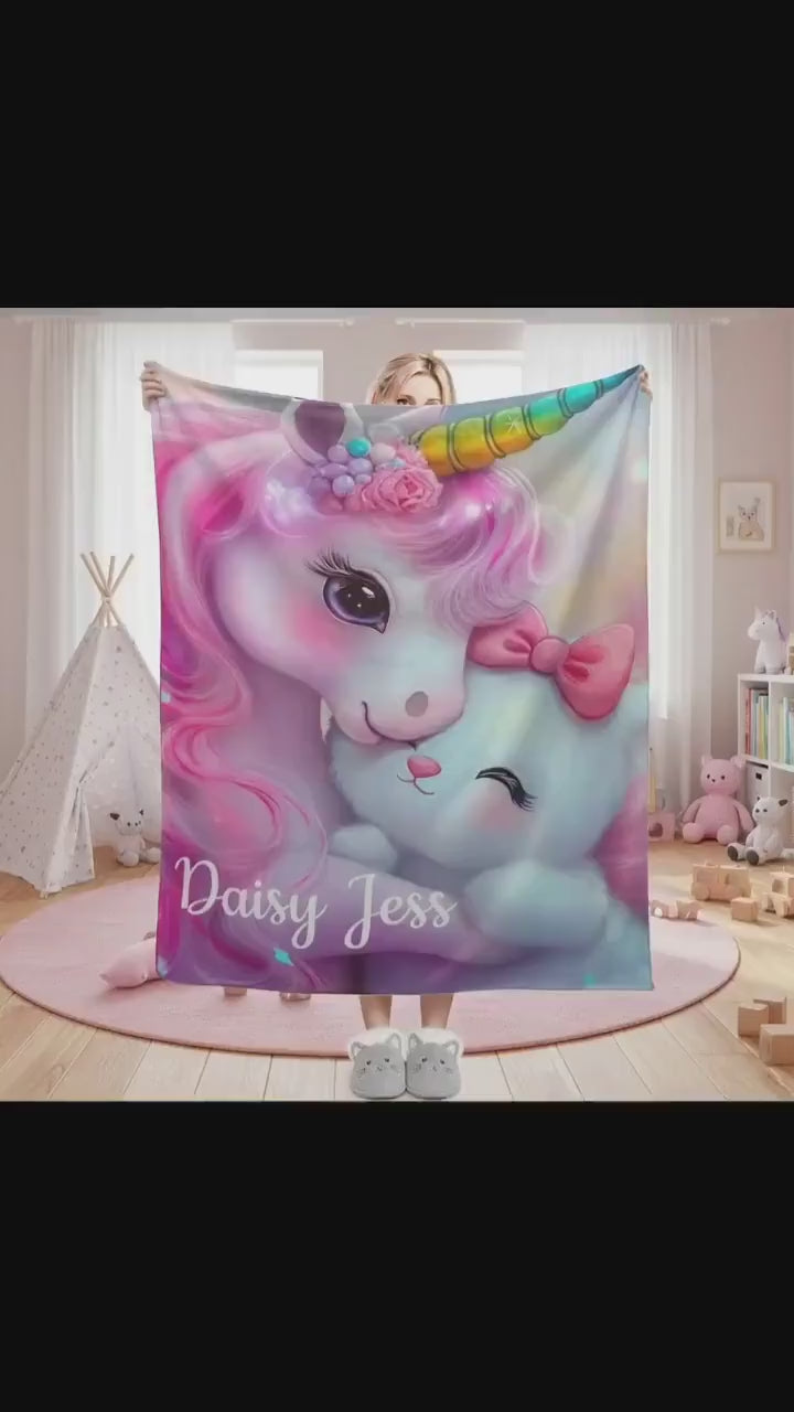 Personalized Unicorn & Kitty Plush Blanket, Custom Name Soft Flannel Fleece Throw