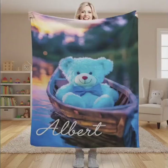 Personalized Twilight Teddy Bear Blanket: Dreamy Canoe Boat Adventure Throw, Soft Flannel Fleece