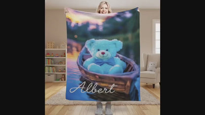 Personalized Twilight Teddy Bear Blanket: Dreamy Canoe Boat Adventure Throw, Soft Flannel Fleece