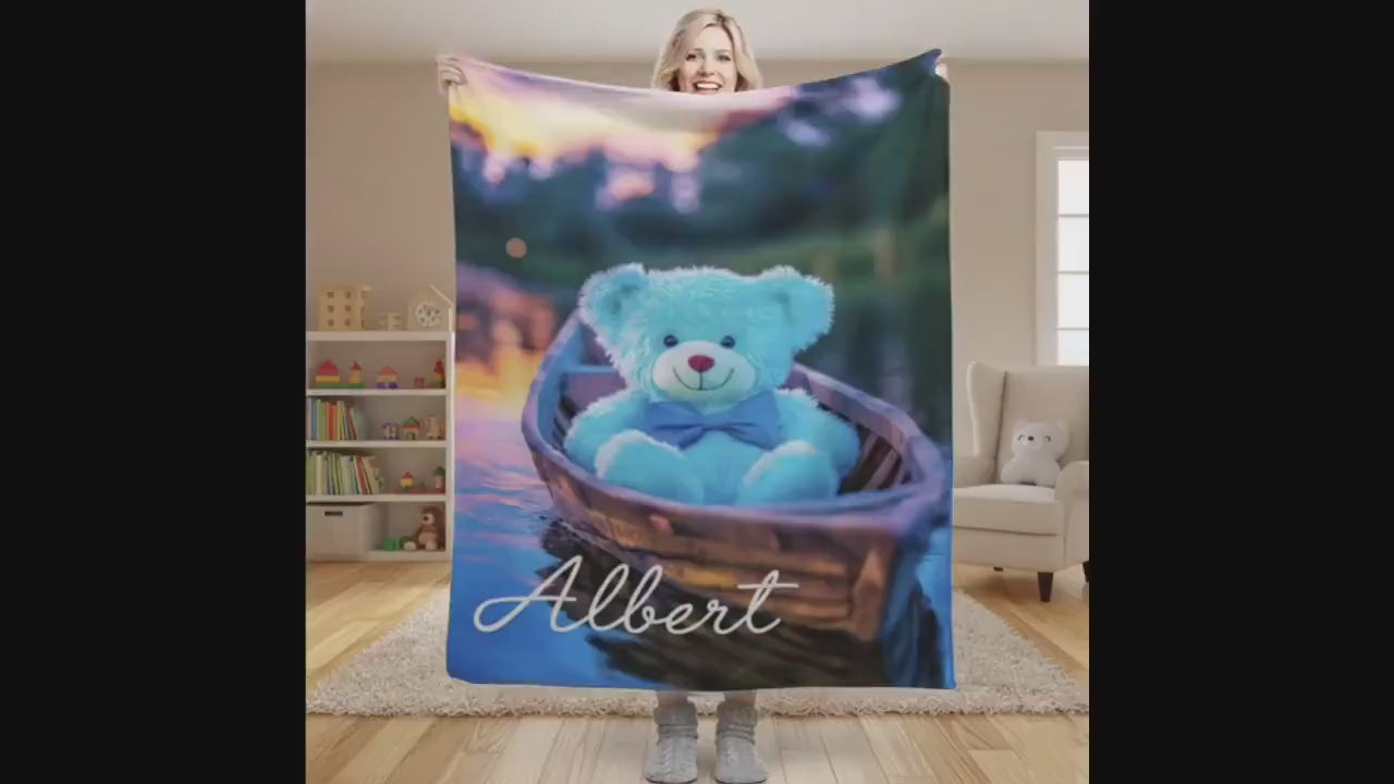Personalized Twilight Teddy Bear Blanket: Dreamy Canoe Boat Adventure Throw, Soft Flannel Fleece