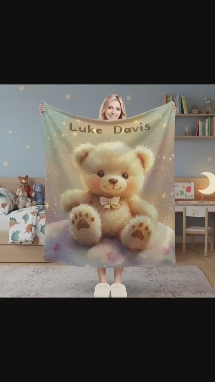 Personalized Teddy Bear Plush Blanket, Snuggly Throw, Soft Flannel Fleece, Super Soft Name Gift