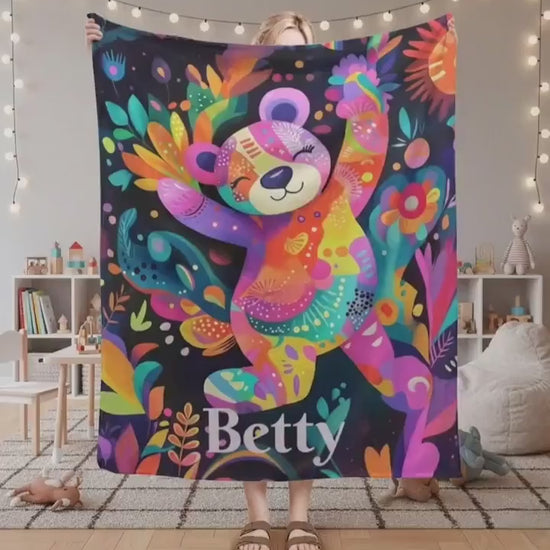 Personalized Patchwork Teddy Bear Blanket, Maximalist Play Haus Decor, Vibrant Custom Name Throw