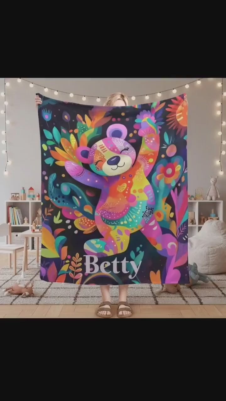 Personalized Patchwork Teddy Bear Blanket, Maximalist Play Haus Decor, Vibrant Custom Name Throw
