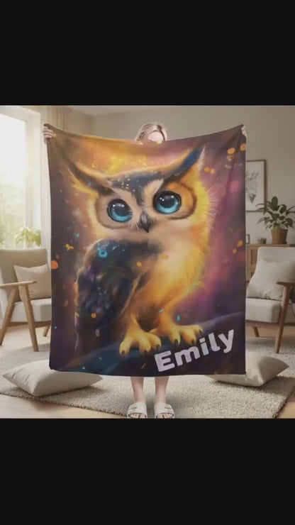 Personalized Cosmic Owl Spirit Animal Blanket, Mystical Ethereal Custom Name, Whimsical New Age Totem