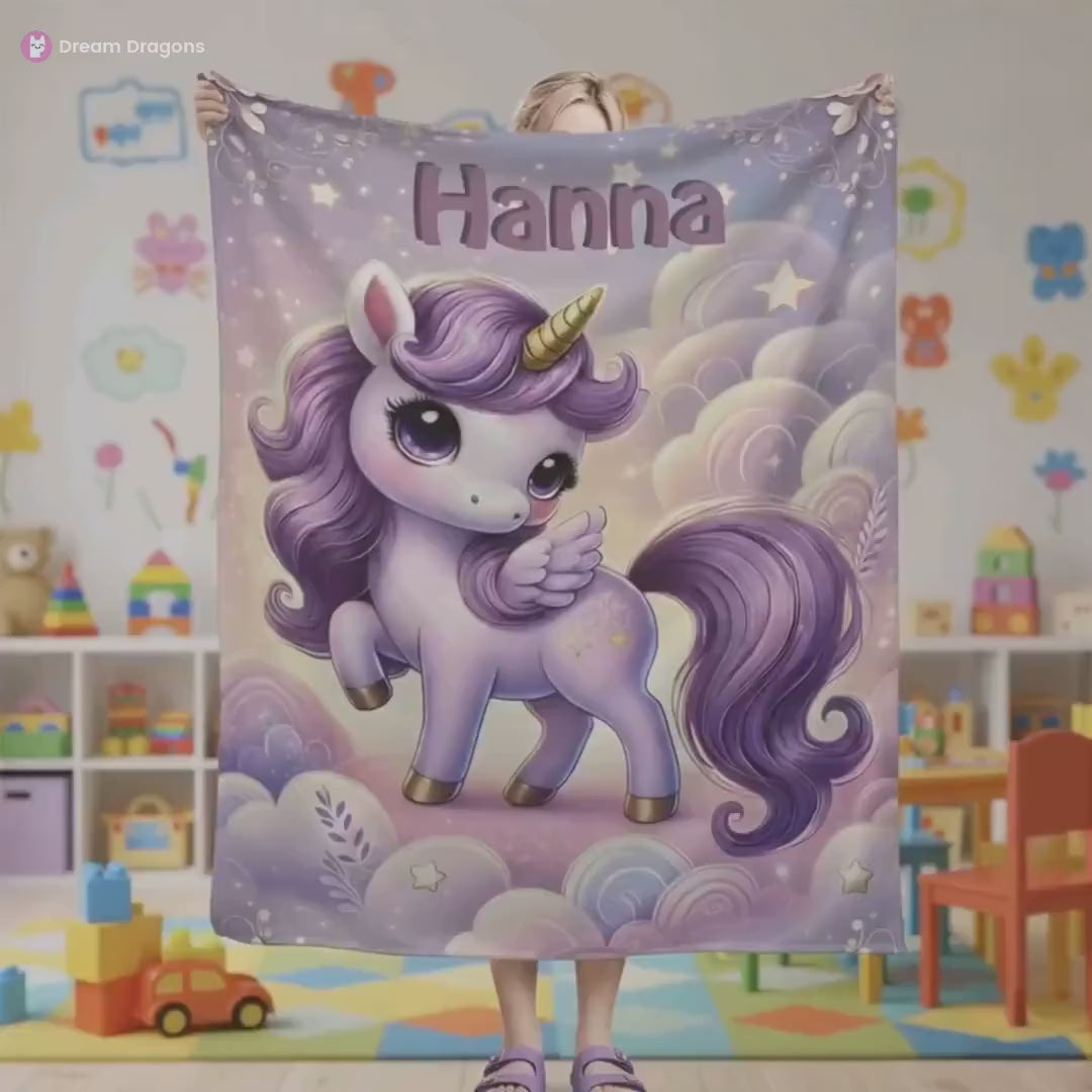 Personalized Unicorn Blanket: Enchanted Purple Fantasy Throw, Flannel Fleece Name Gift