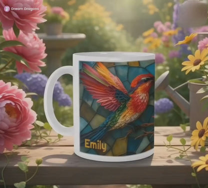 Mug personnalisé colibri en vitrail : Tasse à thé bohème en céramique - Cadeau avec nom