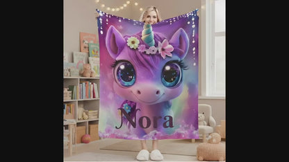 Personalized Unicorn Fleece Blanket: Purple Magical Floral Kids Throw, Super Soft Name Gift