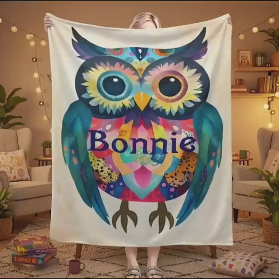 Personalized Owl Blanket: Romantic Flannel Fleece Throw, Custom Name Gift Colourful Bird