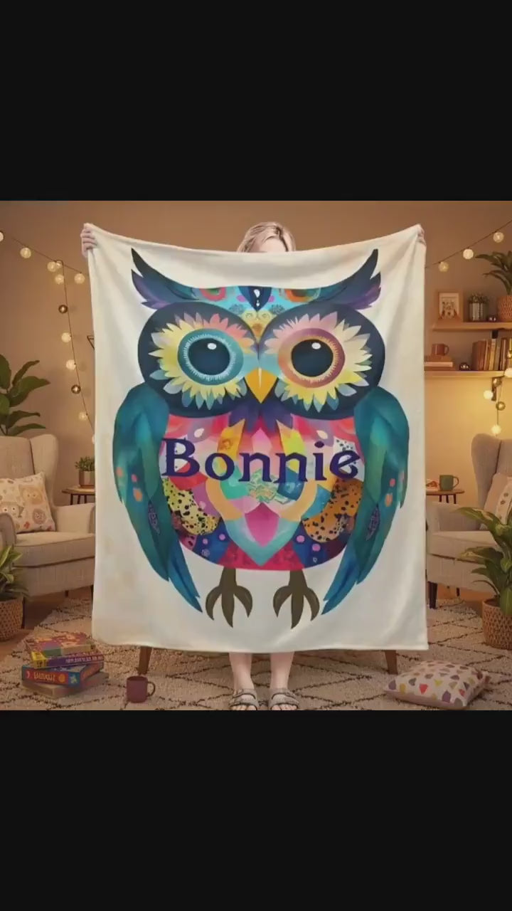 Personalized Owl Blanket: Romantic Flannel Fleece Throw, Custom Name Gift Colourful Bird