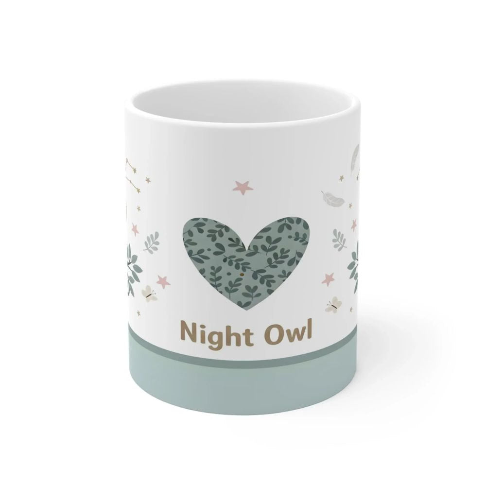 Personalized owl coffee, tea, chocolate milk mugs custom printed with cute cartoon owls on branches, constellations, and the name 'Dani', displayed on an office desk with a laptop as a custom gift set.