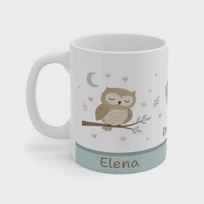 Taza de café con búho "Sueña en grande" - Linda taza personalizada de 11 oz para guardería