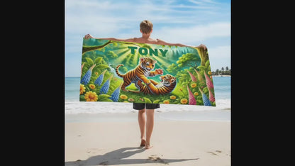 Serviette de plage personnalisée Jungle Tiger : Serviette de piscine en microfibre avec nom personnalisé