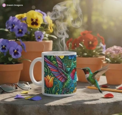 Taza colorida de colibrí: diseño de vitral, chocolate caliente, taza de café, taza de té