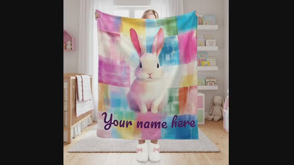 Manta de conejito blanca personalizada: manta de microfibra con patchwork arcoíris, conejo, regalo con nombre supersuave