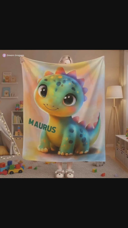 Custom Dinosaur Blanket: Rainbow Flannel Fleece Nursery Throw, Super Soft Name Gift
