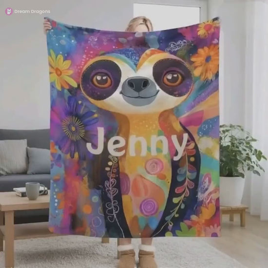 Customizable Sloth Blanket: Tropical Floral Art Flannel Throw