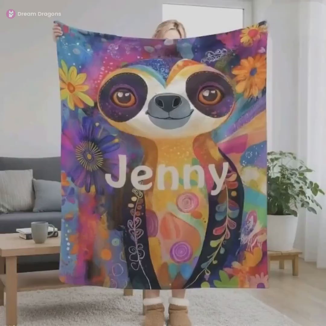 Customizable Sloth Blanket: Tropical Floral Art Flannel Throw