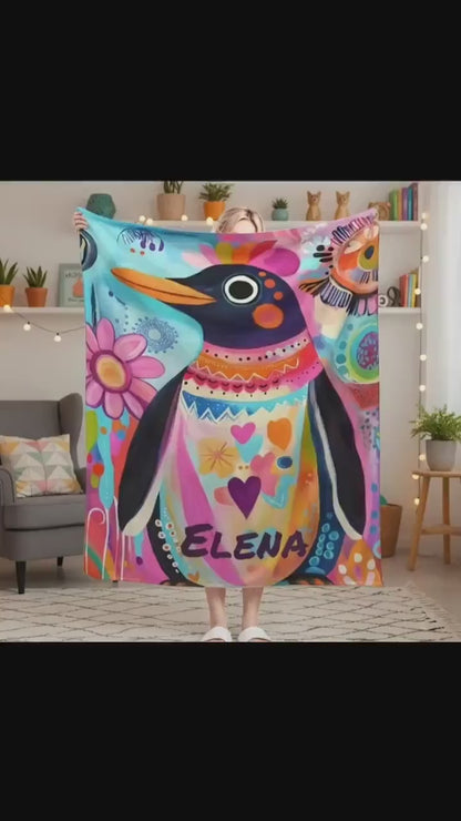 Personalized Penguin Blanket: Colorful Arctic Animal Happy Playful Flannel Fleece Throw, Soft Name Gift