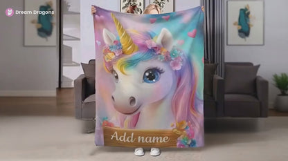 Personalized Unicorn Blanket: Rainbow Pink White Bedroom - Soft Flannel Fleece Throw, Name Gift