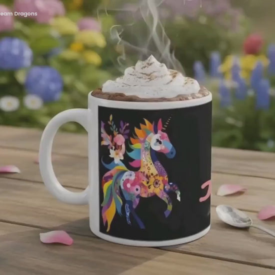 Personalized Unicorn Magic Mug - Name Design - Hot Chocolate, Coffee, Tea Cup - Black & Pink Gift